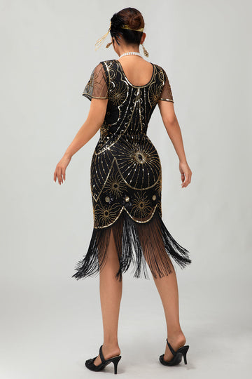 Beaded Black Golden Fringed Bodycon 1920s Dress